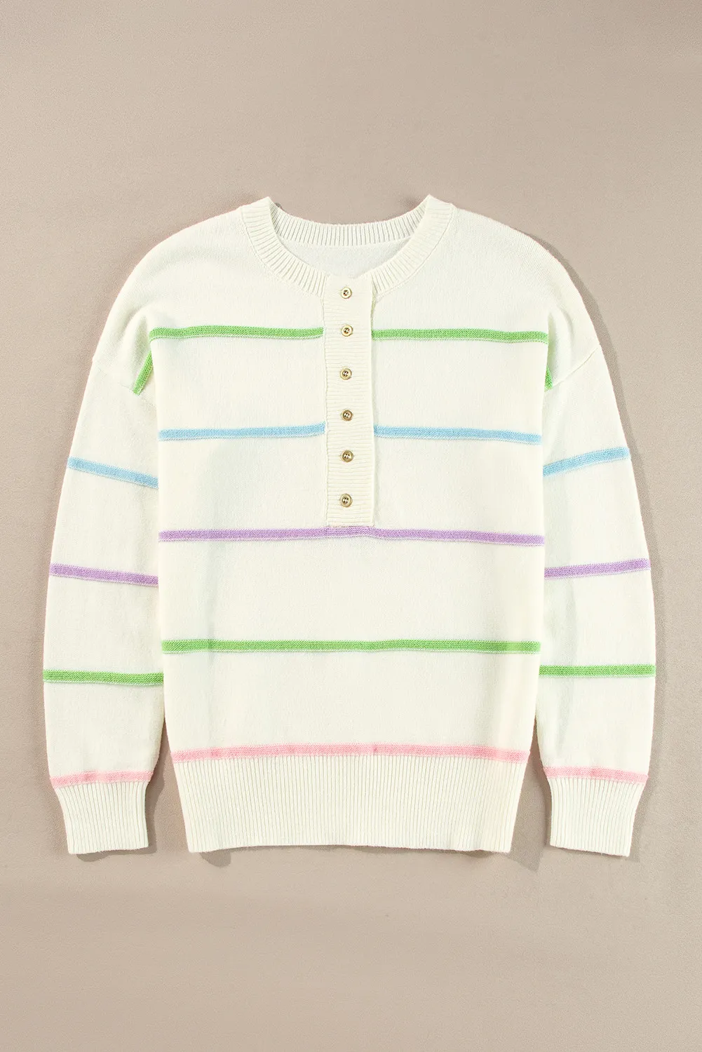 Contrast Striped Half Button Round Neck Sweater, image 7