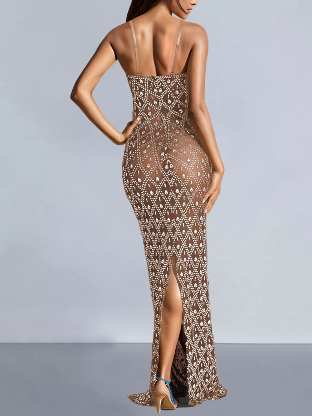 Glamorous Rhinestone Embellished Sheer Mesh Maxi Dress, image 5