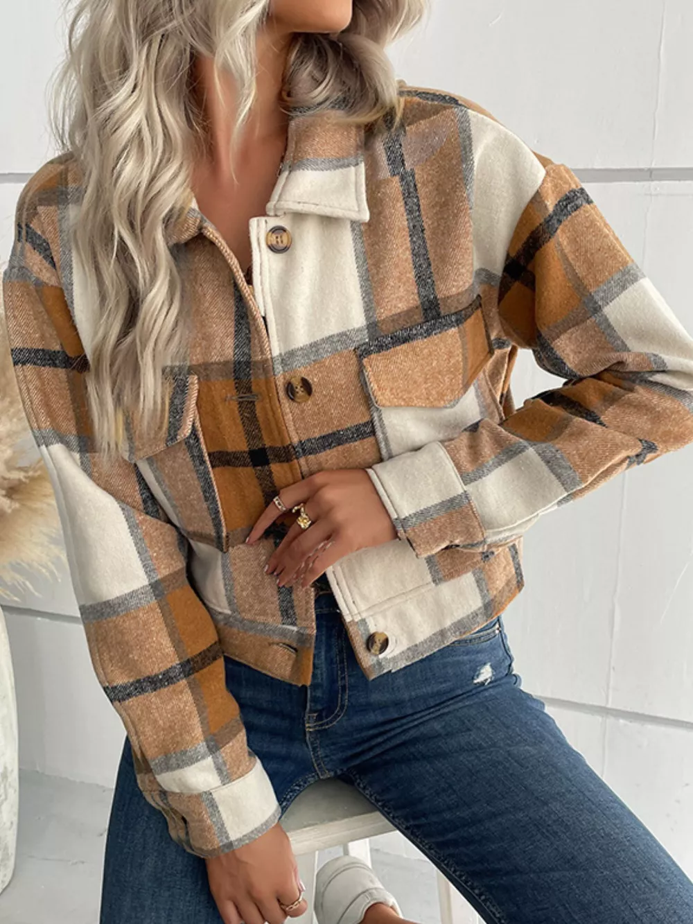 Plaid Button-Down Crop Jacket, image 2