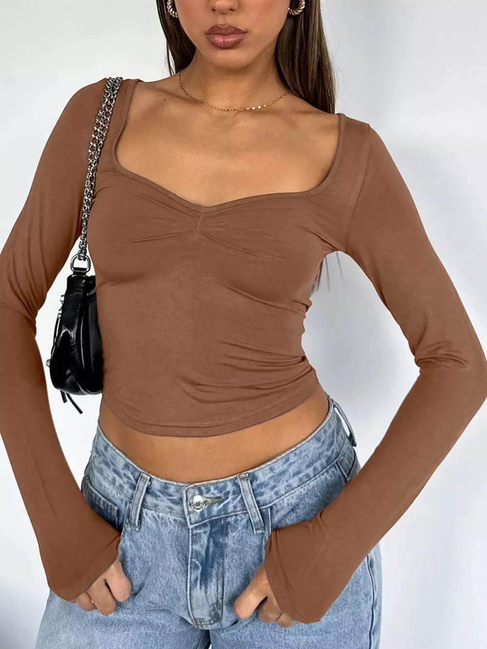 Long Sleeve Sweetheart Neck Crop T-Shirt, image 21