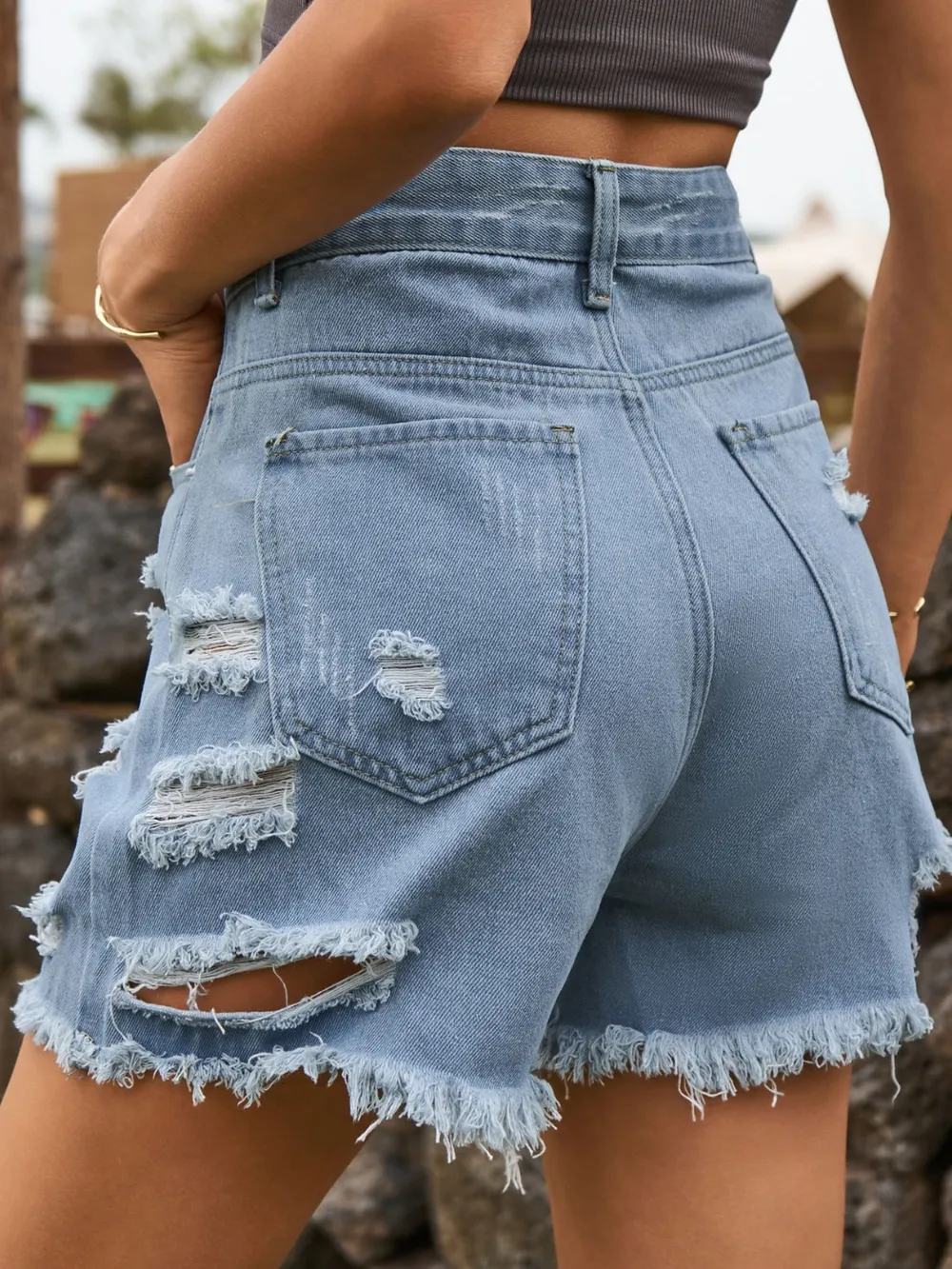 Distressed Raw Hem Denim Shorts, image 7