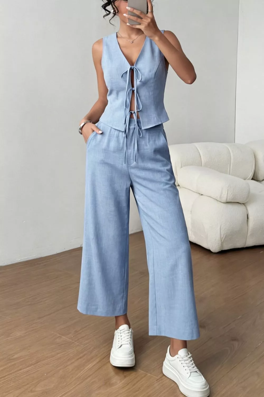 Tie Front Vest and Wide Leg Pants Set, image 4