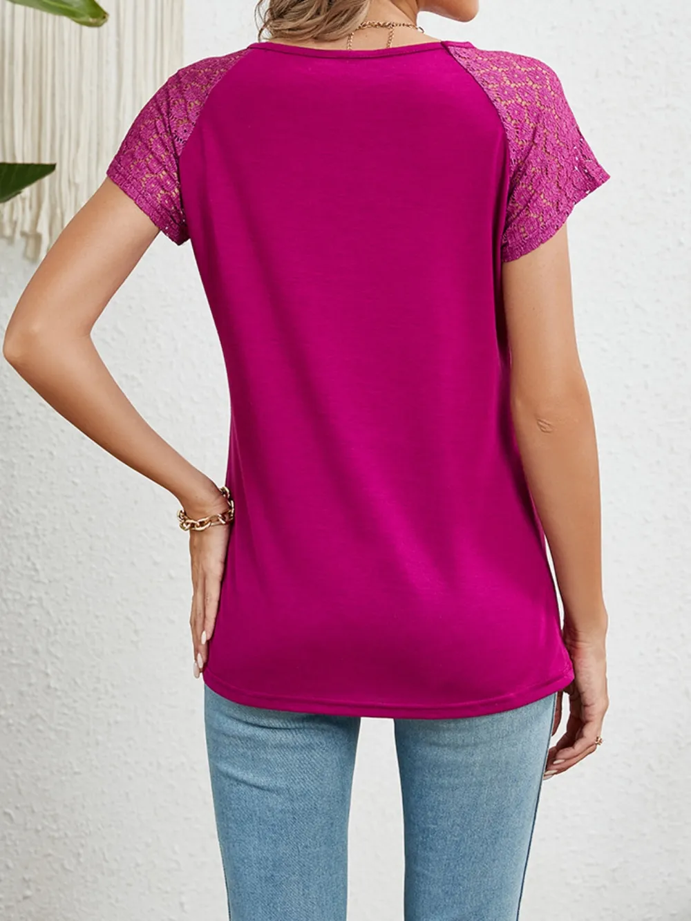Round Neck Lace Short Sleeve Top, image 6