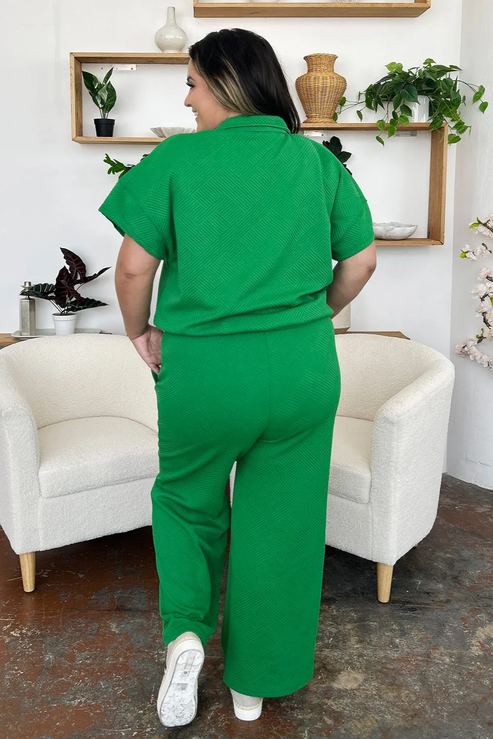 Full Size Texture Half Zip Short Sleeve Top and Pants Set, image 26