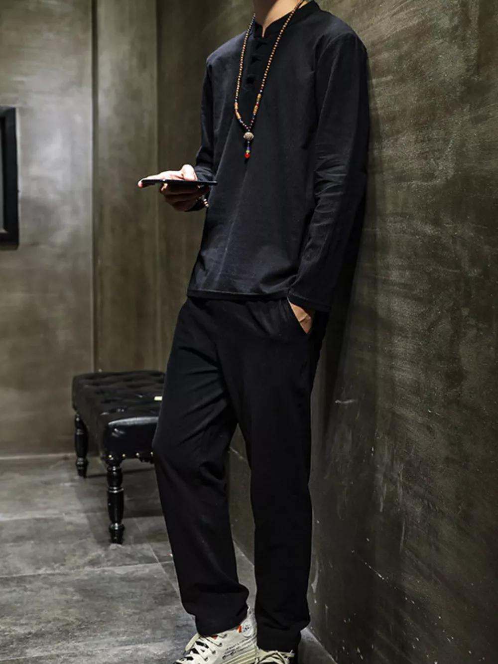 Men's Plus Size Button Detail Long Sleeve Top and Pants Set