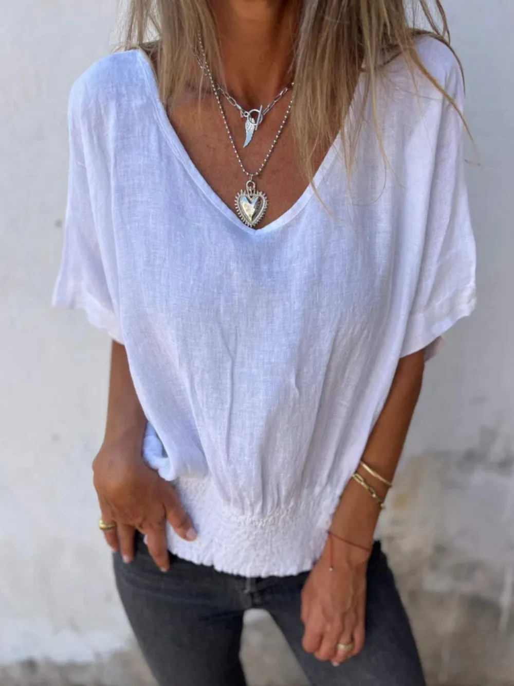 Full Size Smocked Hem V-Neck Relaxed Fit T-Shirt Plus Size, image 2