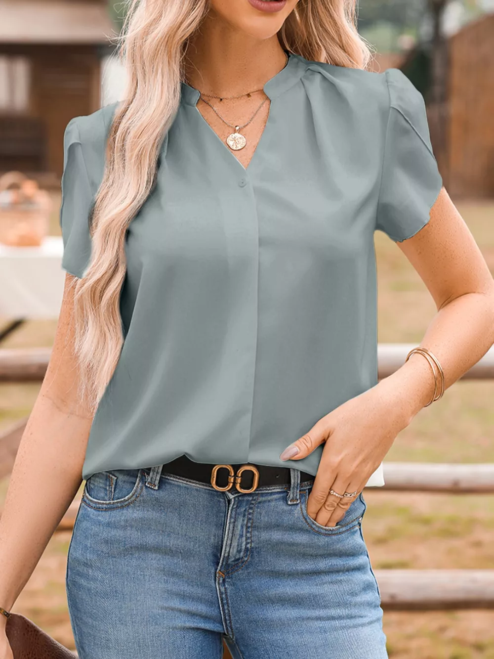 Notched Neckline Petal Sleeve Blouse, image 4