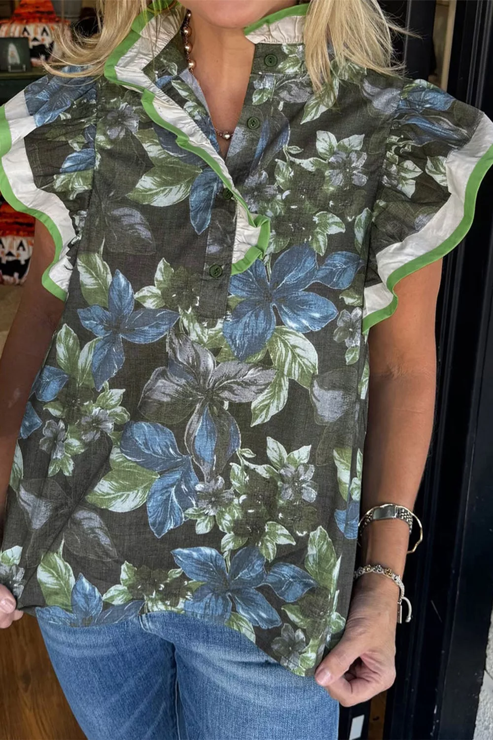 Ruffled Short Sleeve Floral Summer Blouse