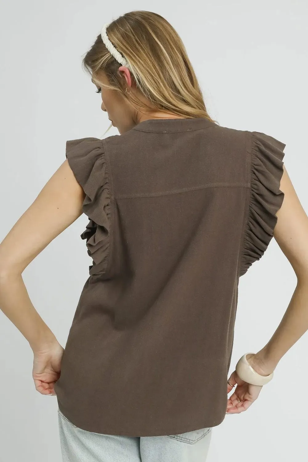 Linen Ruffle Sleeve Button-Down Shirt, image 3