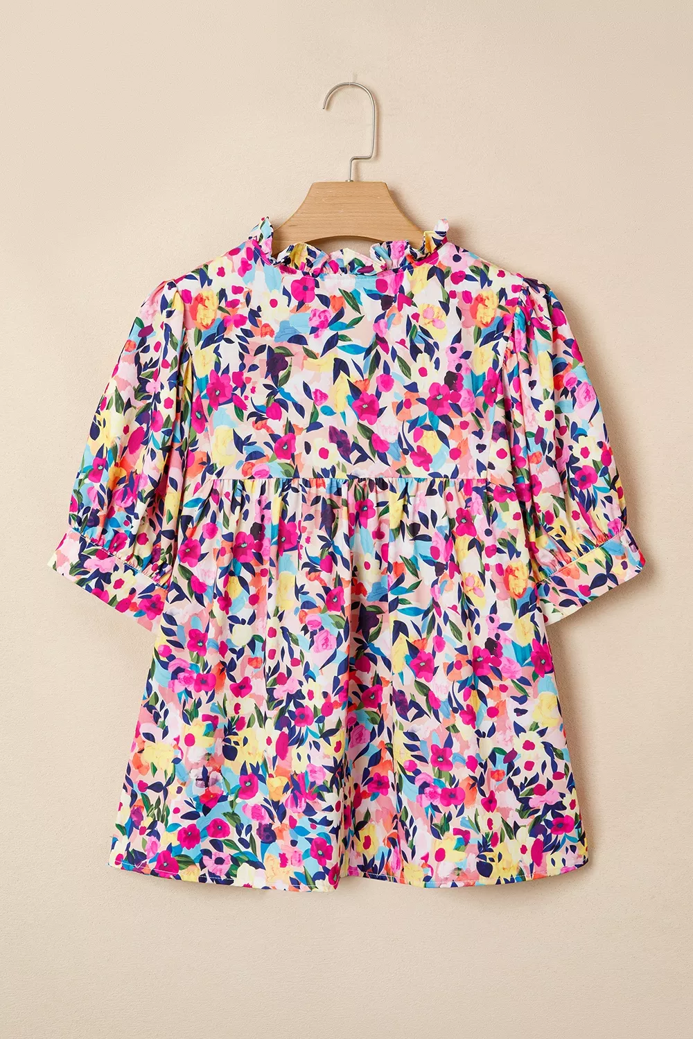 Flower Print Frilled Collar Short Puff Sleeve Summer Blouse, image 6