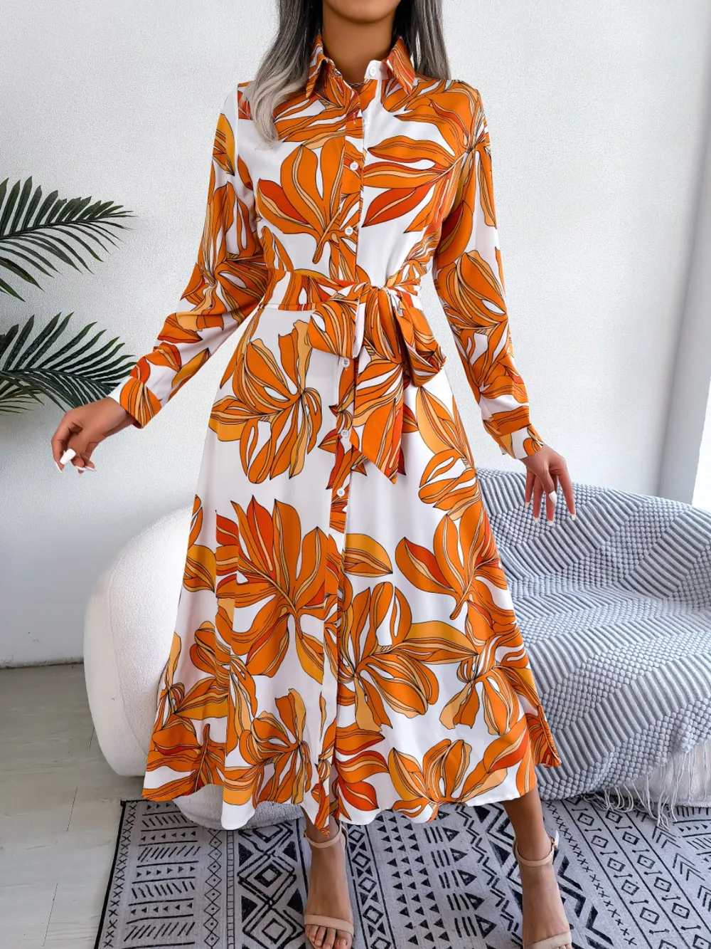 Tied Button Up Long Sleeve Dress, image 14