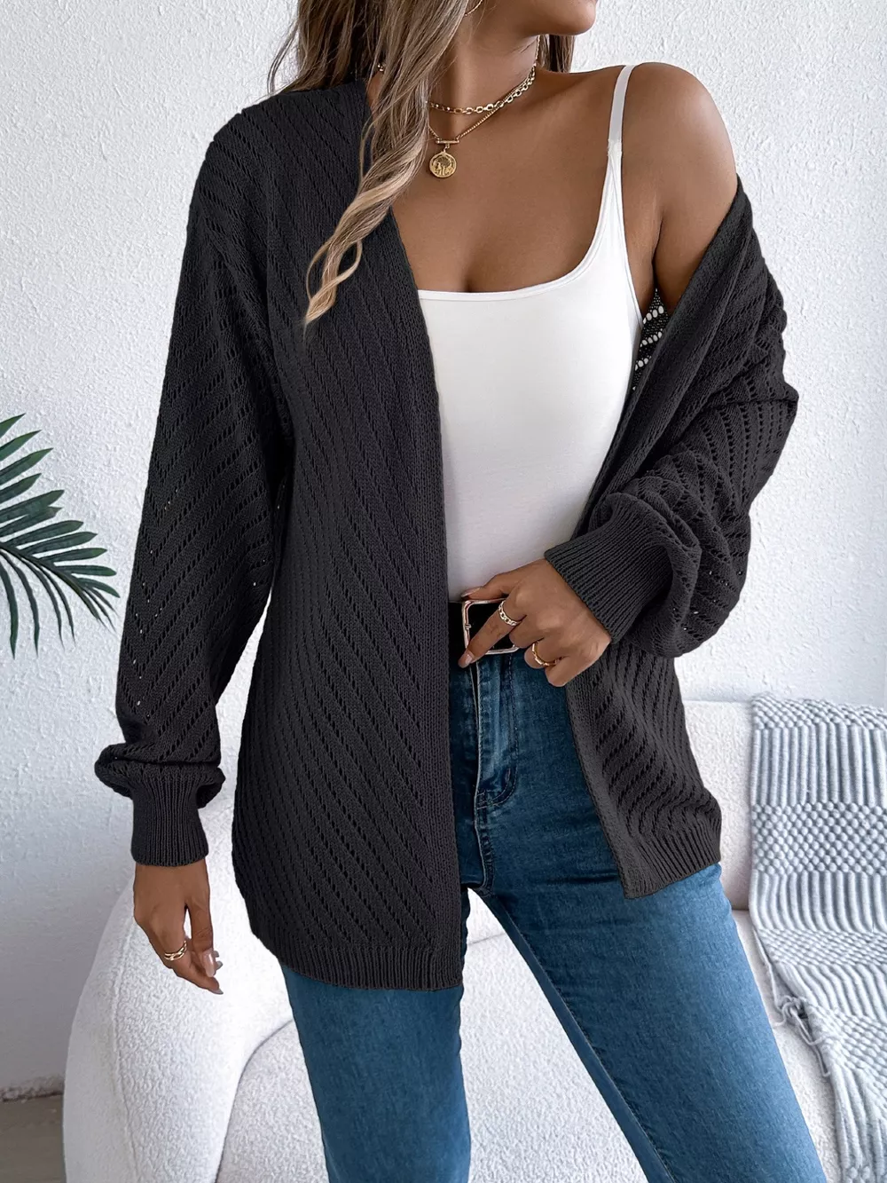 Openwork Open-Front Long Sleeve Cardigan