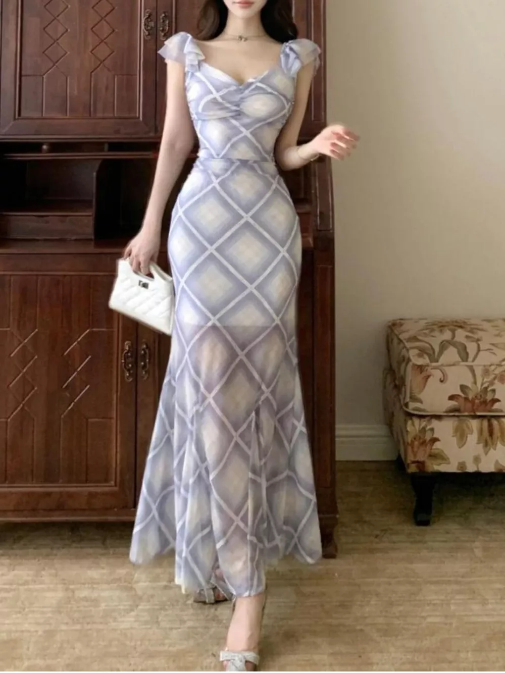 Plaid Ruffle Cap Sleeve Bodycon Maxi Dress, image 13