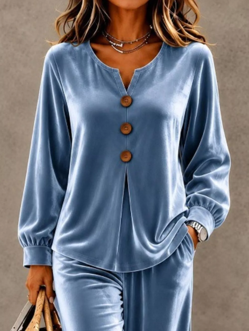 Elegant Velvet Decor-Button Top and Pants Set, image 4