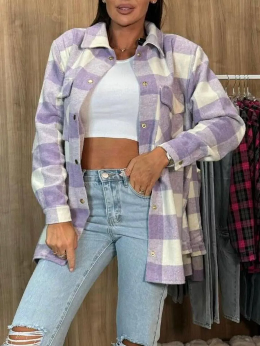 Plaid Button-Down Long Sleeve Shacket, image 10