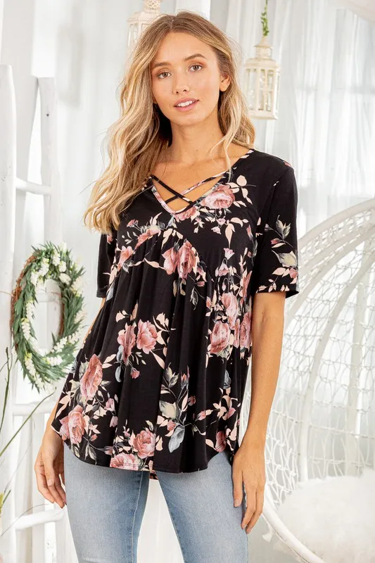 Full Size Crisscross Neck Floral Babydoll Top Plus Size, image 4