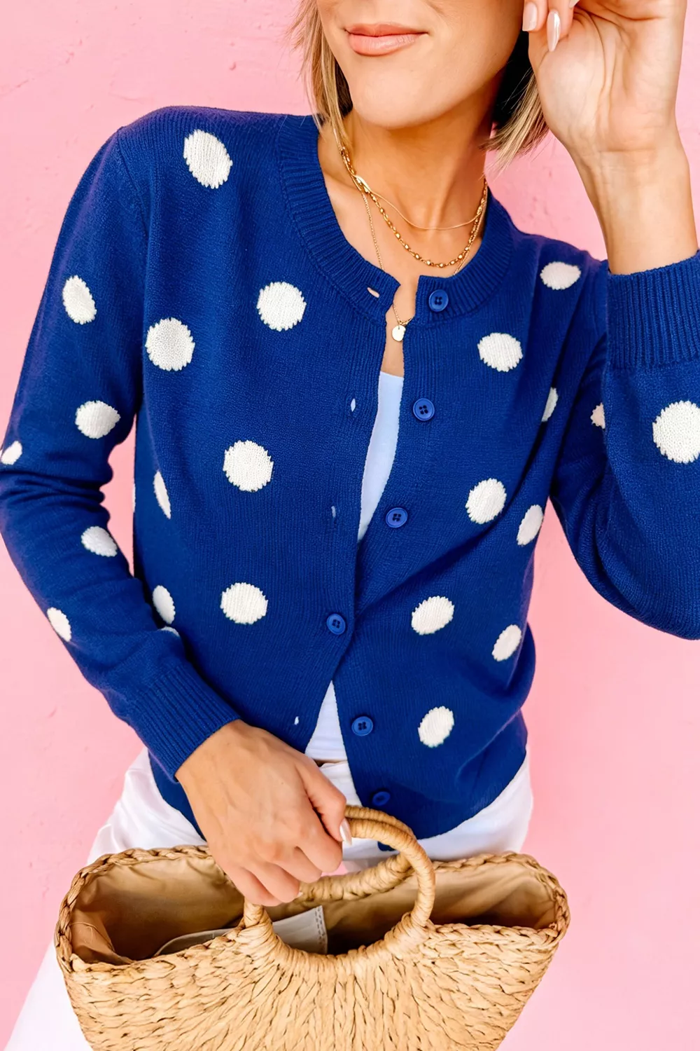 Casual Polka Dot Button Front Long Sleeve Sweater Cardigan, image 5