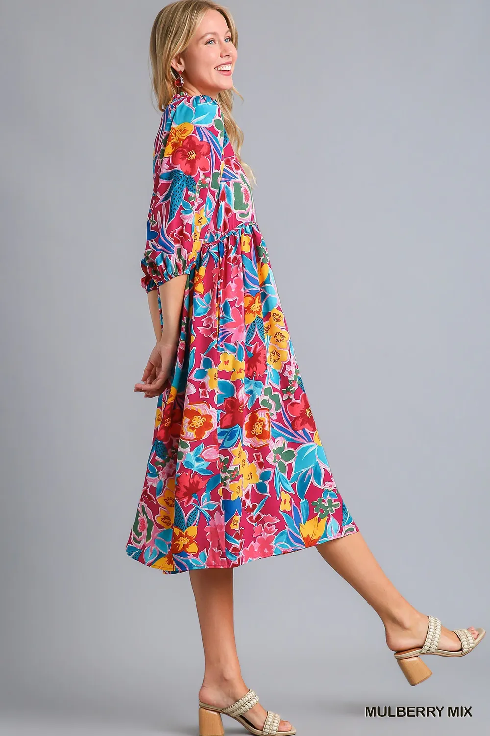 Full Size Floral Print Tie Neck Midi Dress with Pockets Plus Size, image 5