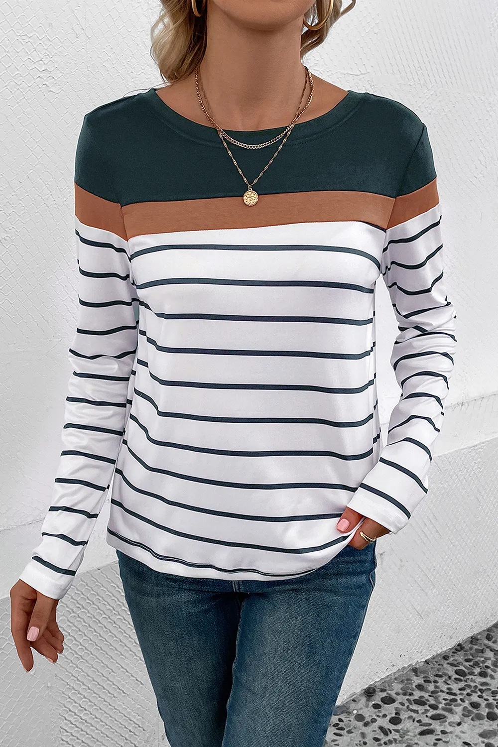 Striped Round Neck Long Sleeve T-Shirt, image 10
