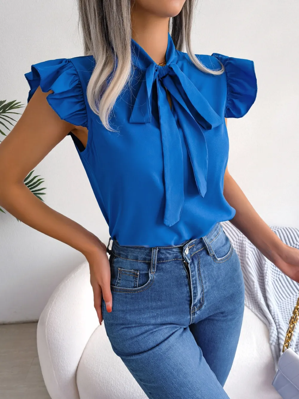 Tie Neck Cap Sleeve Blouse, image 10