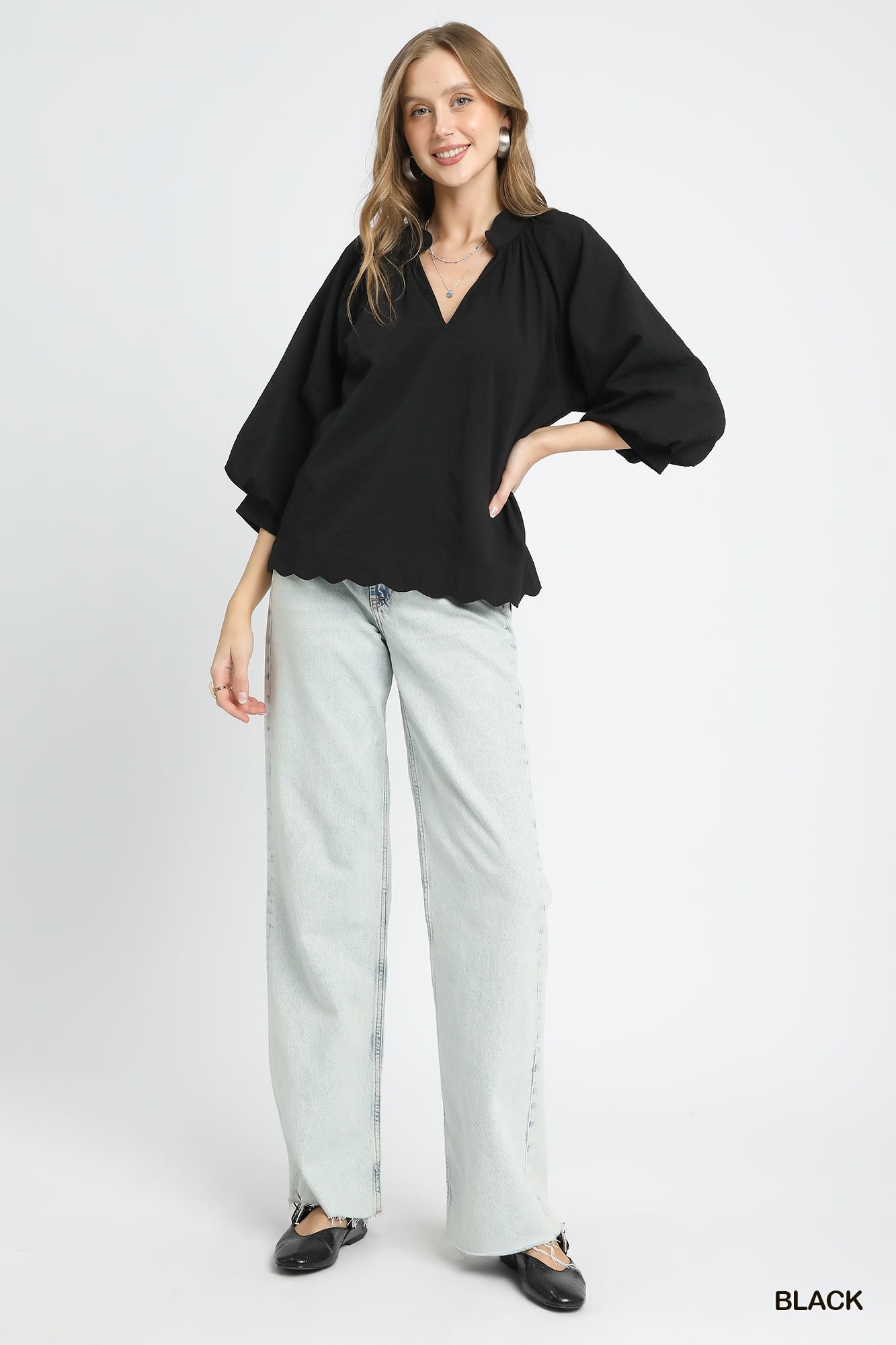 Full Size Textured Notched Balloon Sleeve Blouse Plus Size, image 5
