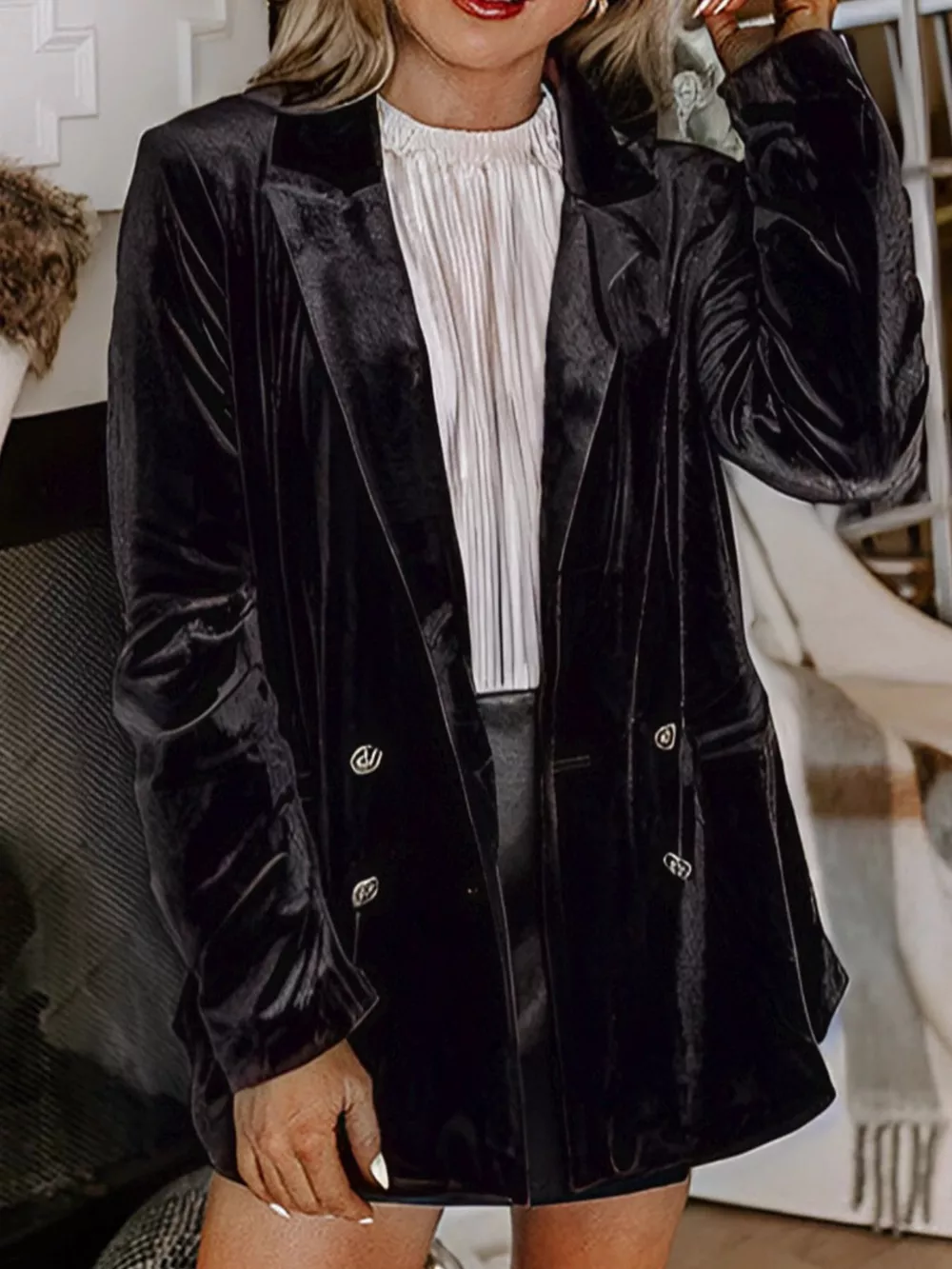 Velvet Lapel Collar Button Up Blazer, image 2