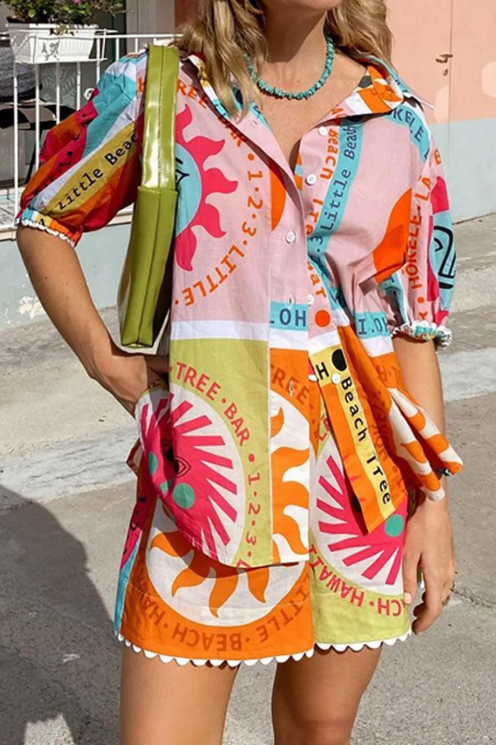 Printed Button Down Shirt and Shorts Set, image 3
