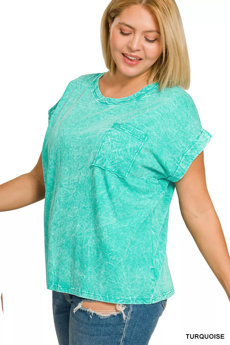 Full Size Crinkle Washed Round Neck Folded Short Sleeve Tee Plus Size, image 3