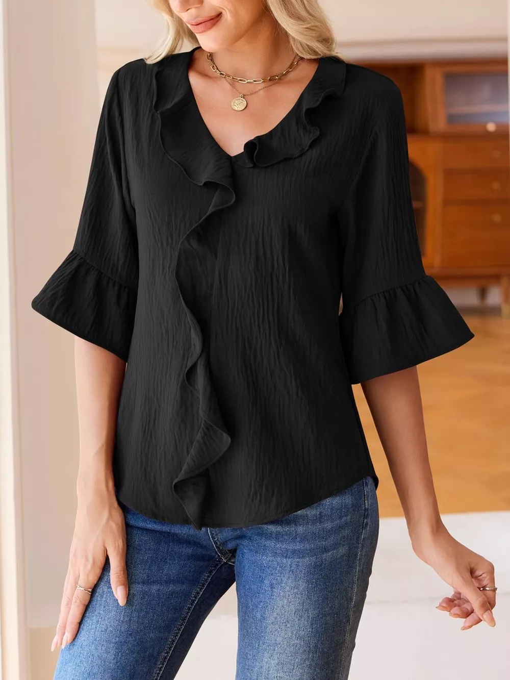 Ruffle Trim V-Neck Blouse, image 21