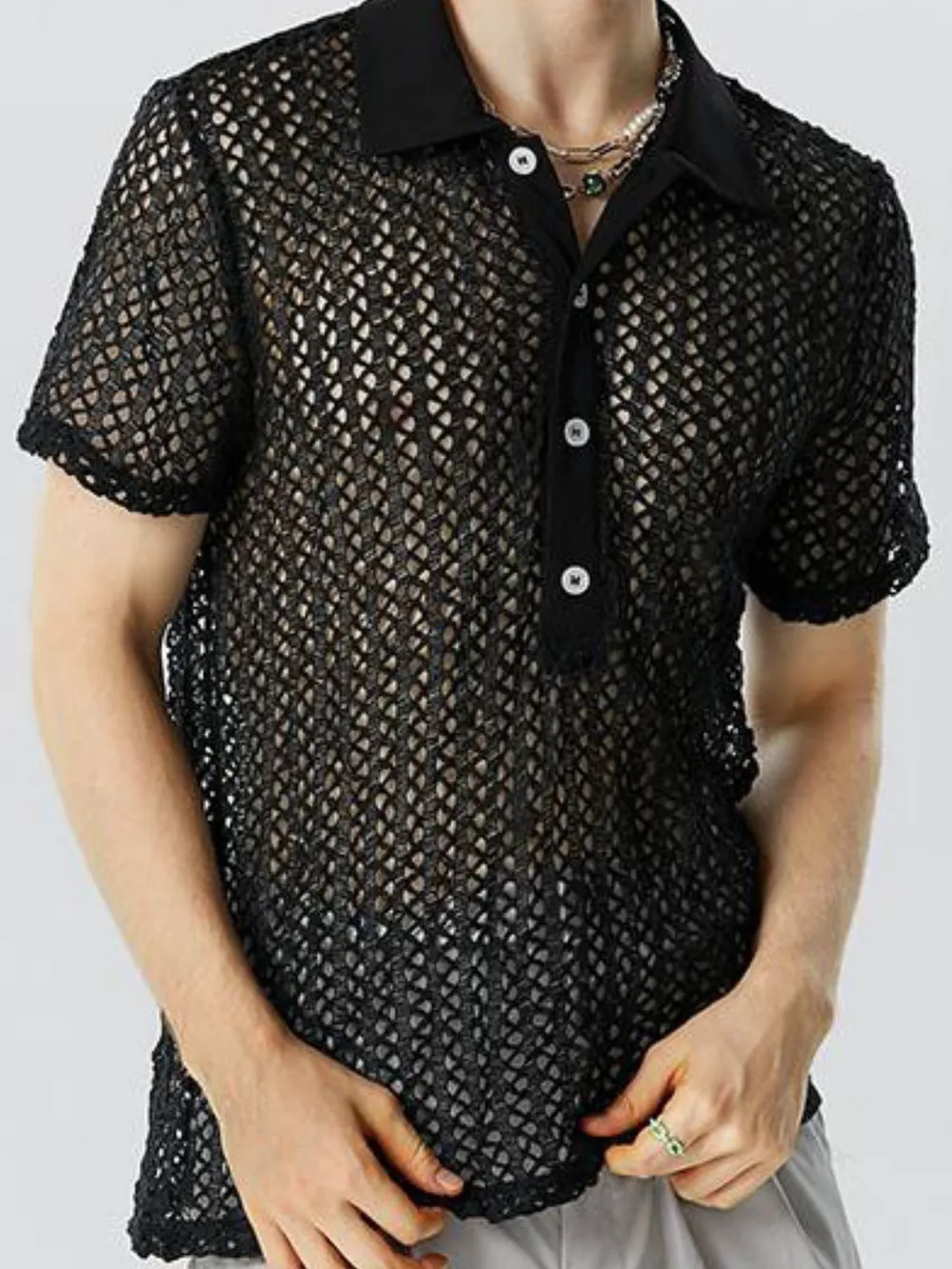 Men's Full Size Openwork Short Sleeve Polo Plus Size, image 2