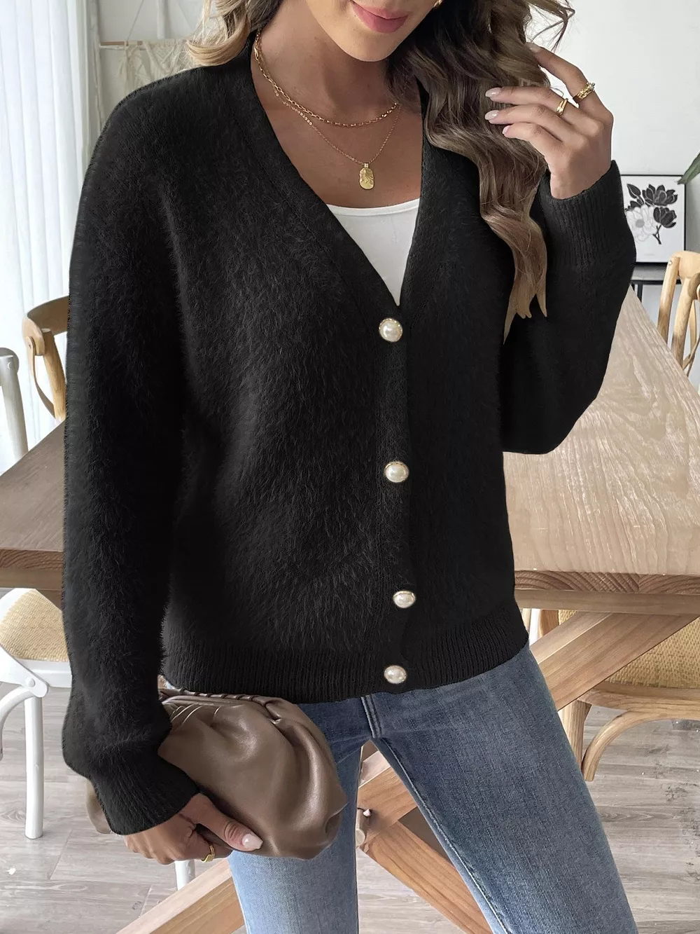 Fuzzy Knit V-Neck Cardigan