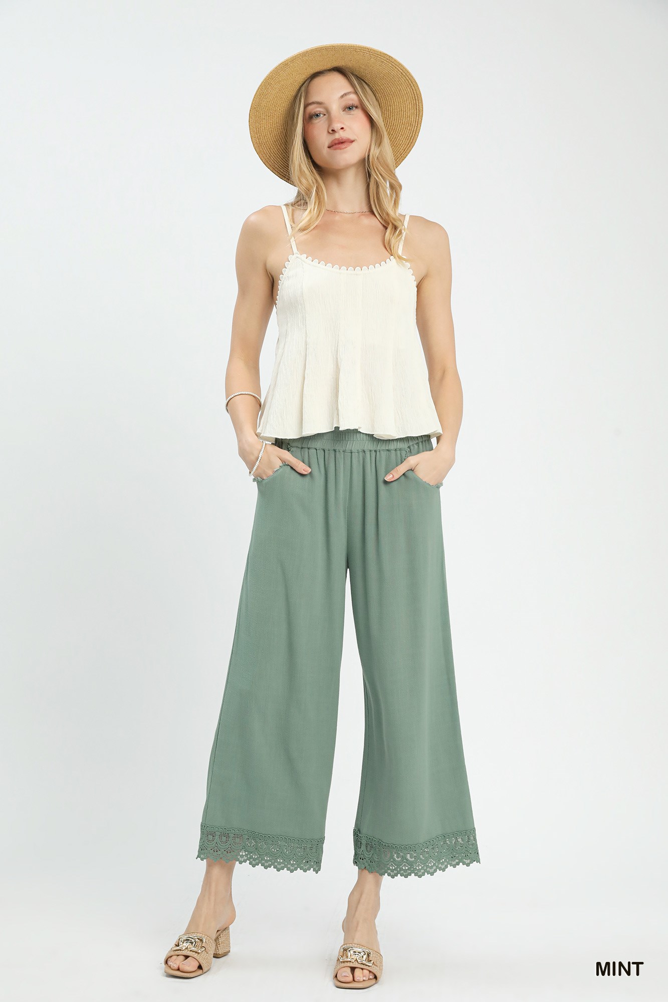 Linen Wide Leg Cropped Pants with Lace Trim, image 4