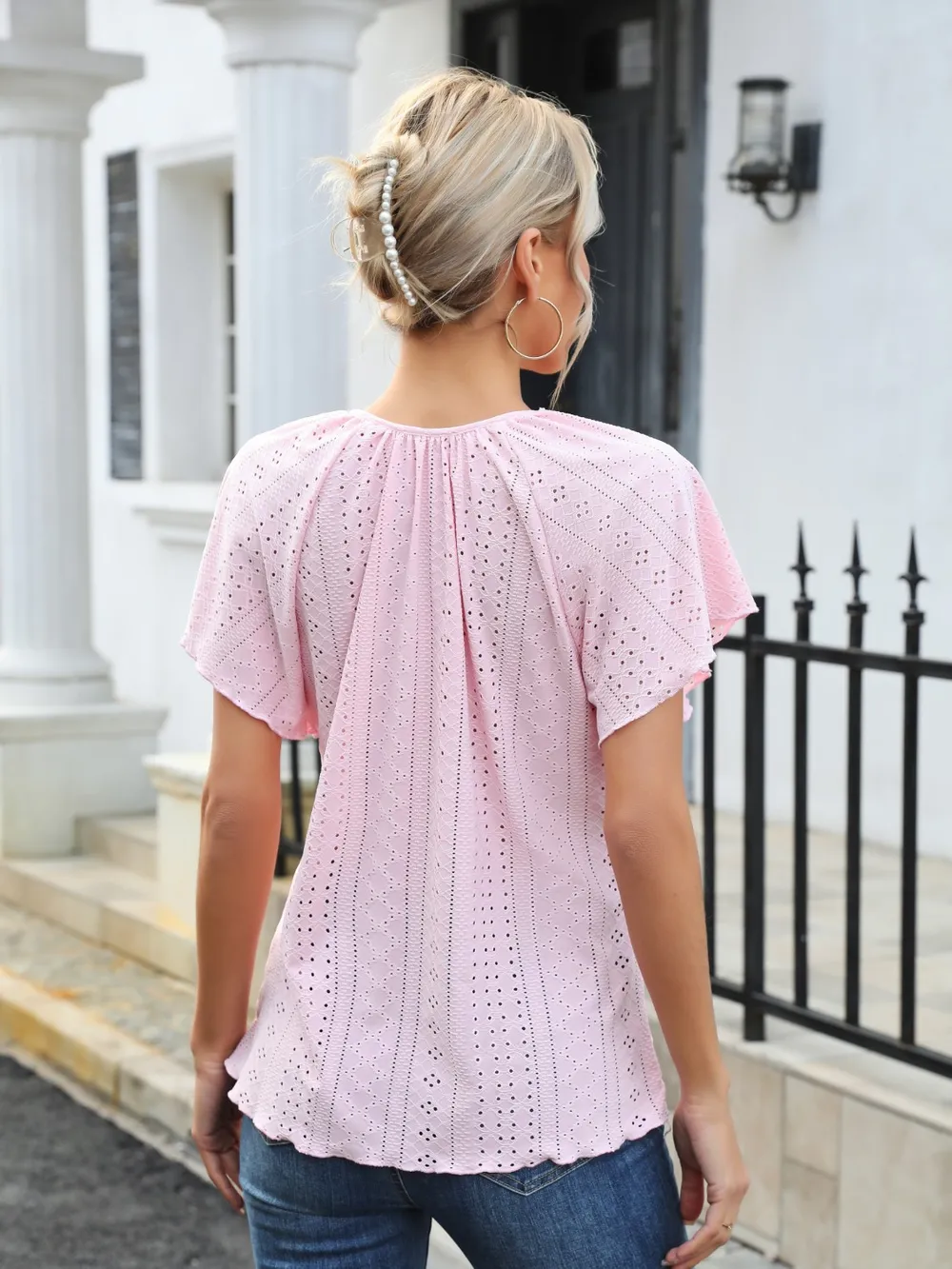 Eyelet Tie Neck Flutter Sleeve Blouse, image 4