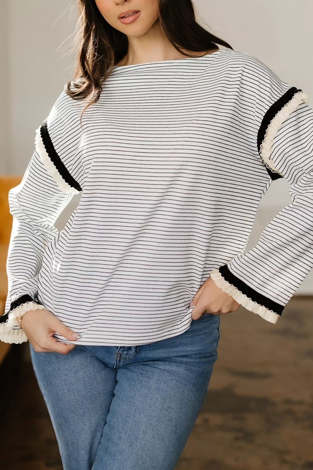 Stripe Contrasted Ruffle Trim Loose Long Sleeve Top, image 4