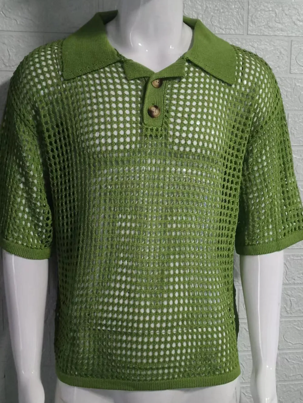 Men's Plus Size Openwork Collared Neck Quarter Button Knit Polo, image 9