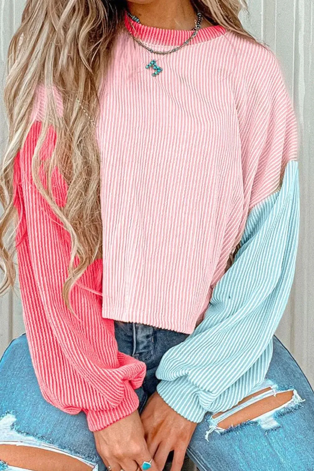 Color Block Round Neck Long Sleeve Top, image 6