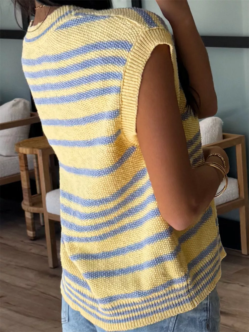 Striped Knit Button Up Cap Sleeve Cardigan, image 4