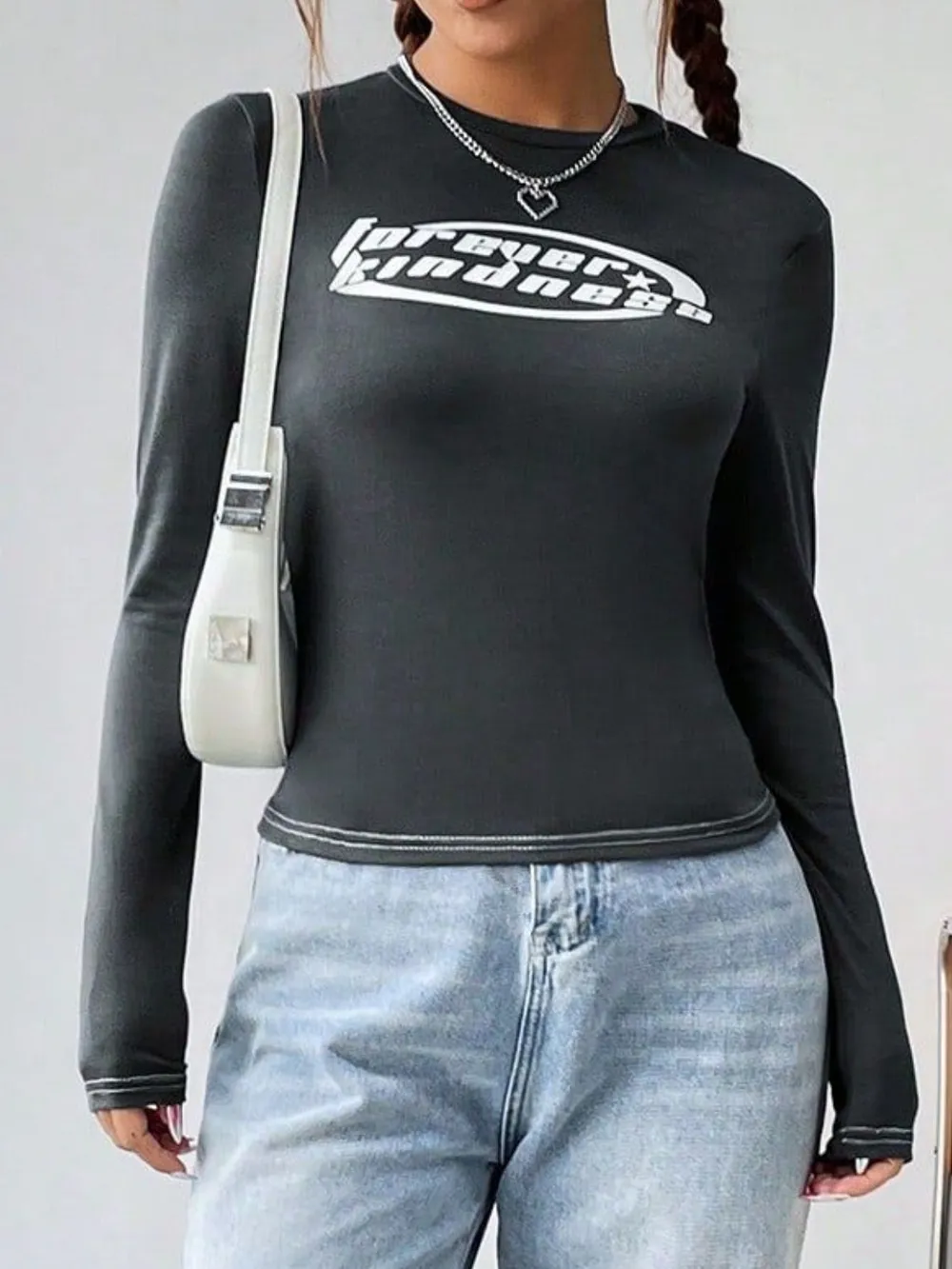 Letter Graphic Round Neck Long Sleeve T-Shirt, image 3