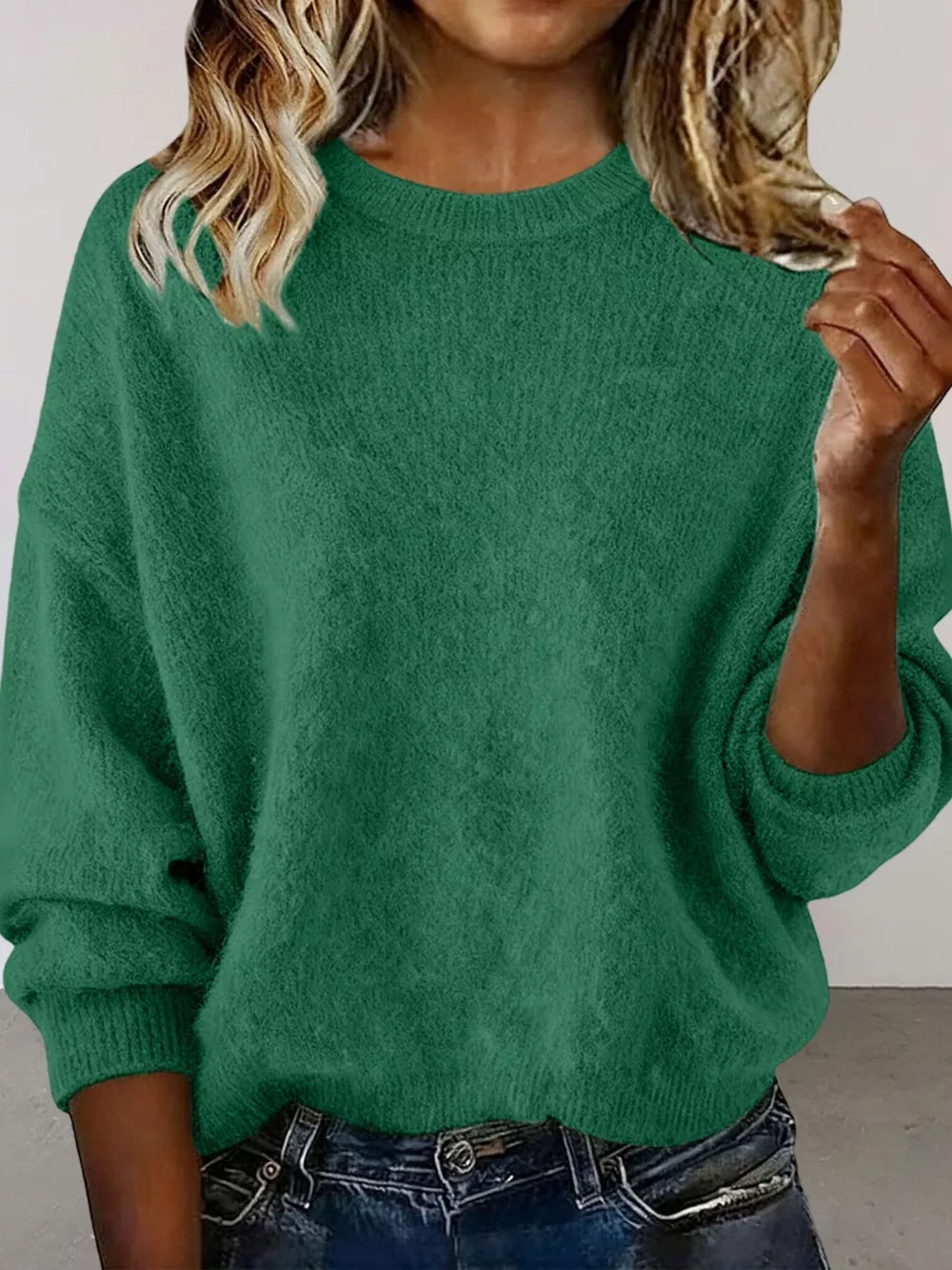 Full Size Round Neck Dropped Shoulder Sweater Plus Size, image 4