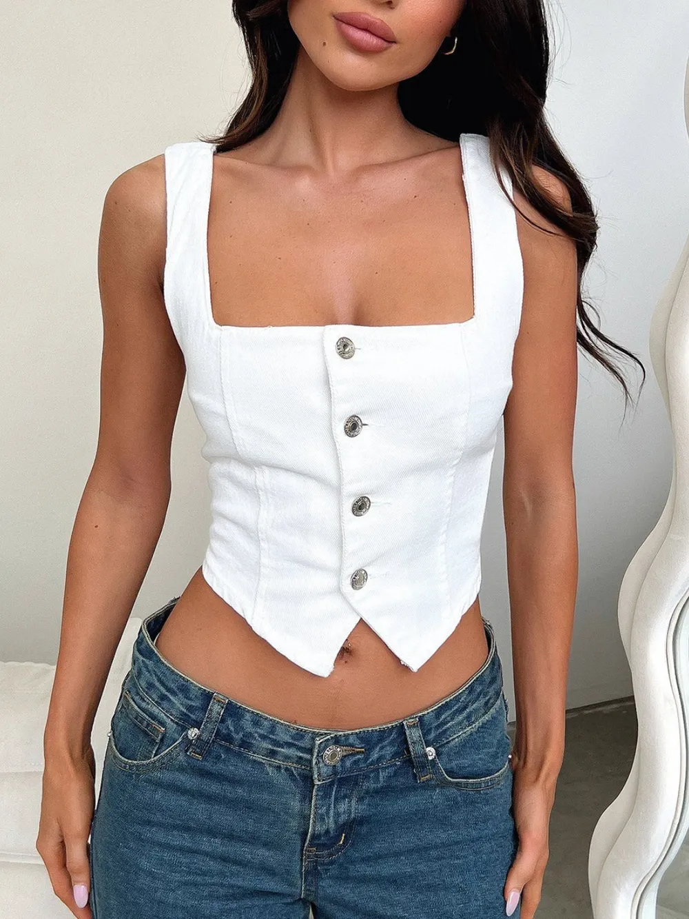 Smocked Square Neck Denim Top, image 7