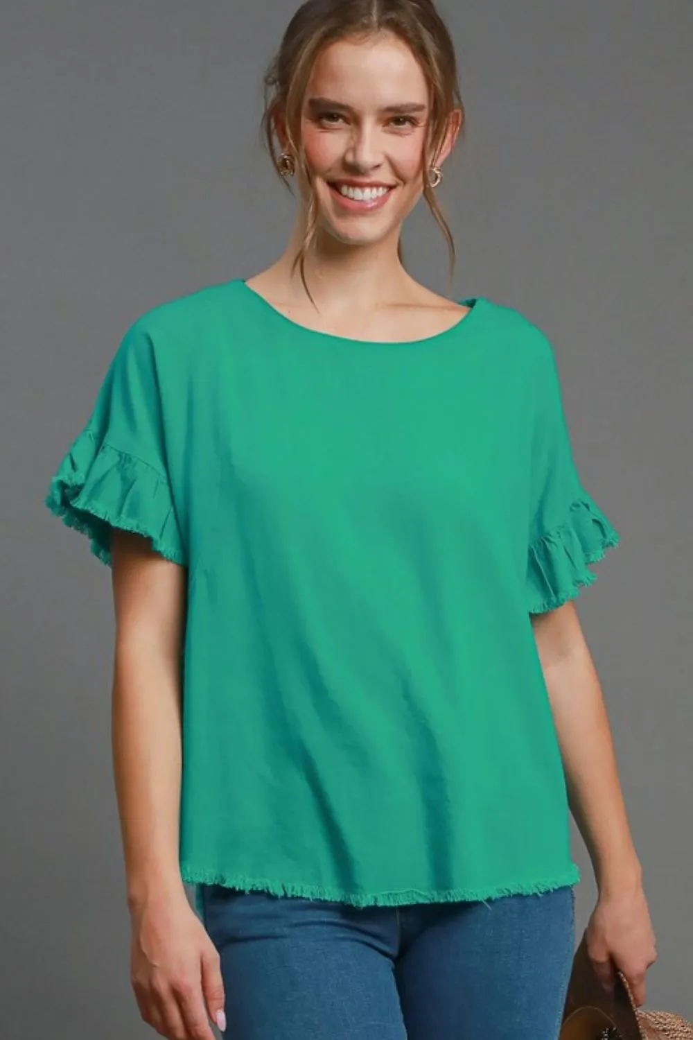 Full Size Raw Hem Ruffle Short Sleeve Blouse Plus Size