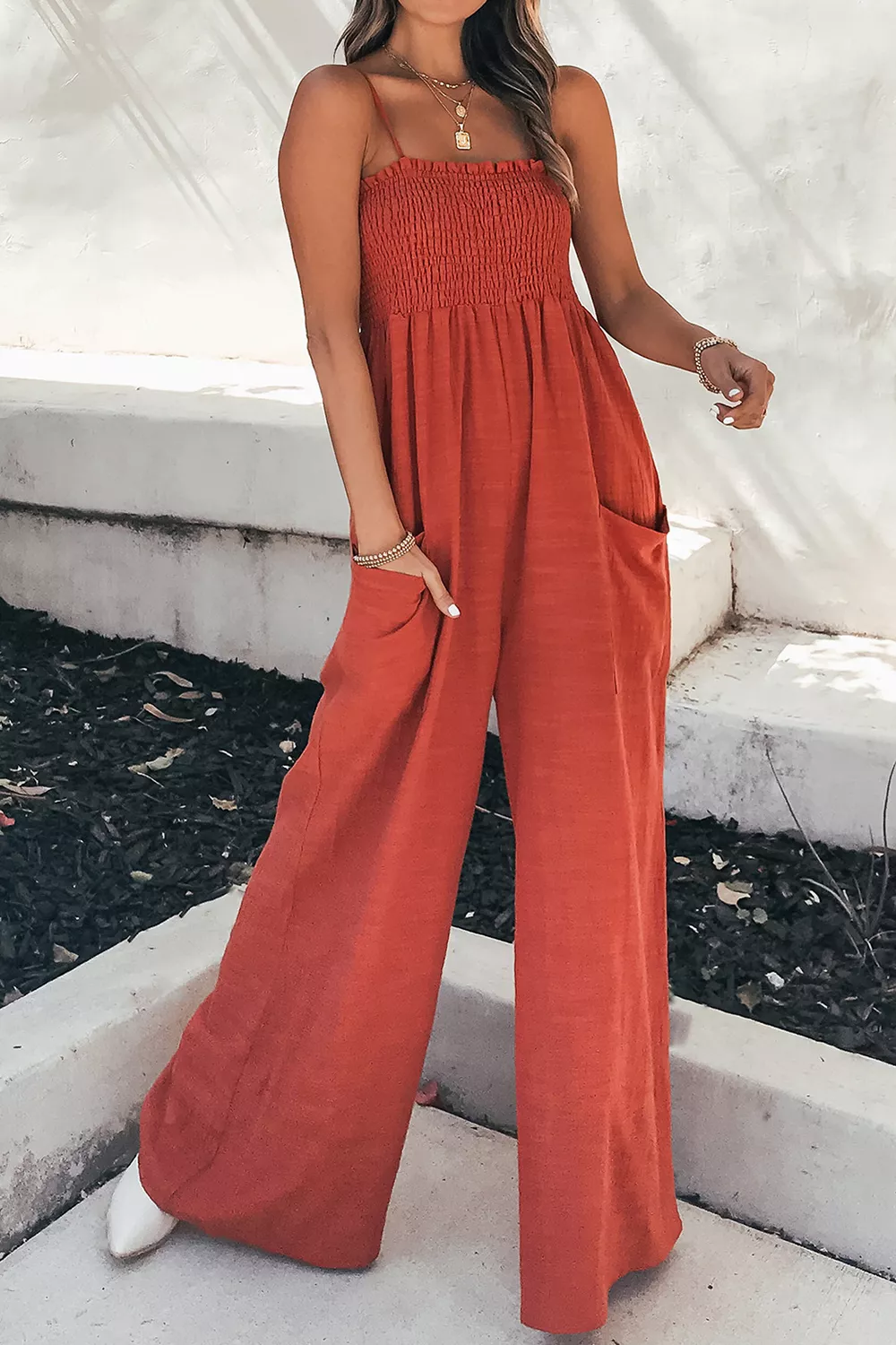 Smocked Spaghetti Strap Wide Leg Jumpsuit, image 2