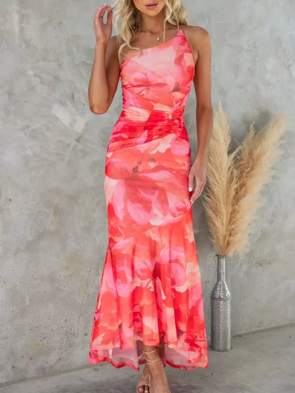 Floral Print One-Shoulder Ruched Maxi Dress, image 7