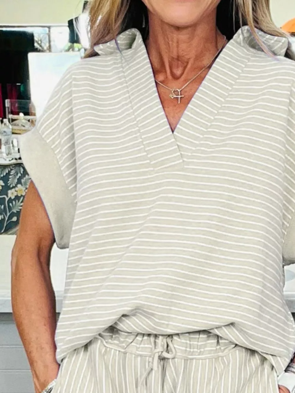Stripe Dolman Sleeve Polo Shirt and Drawstring Shorts Set, image 3