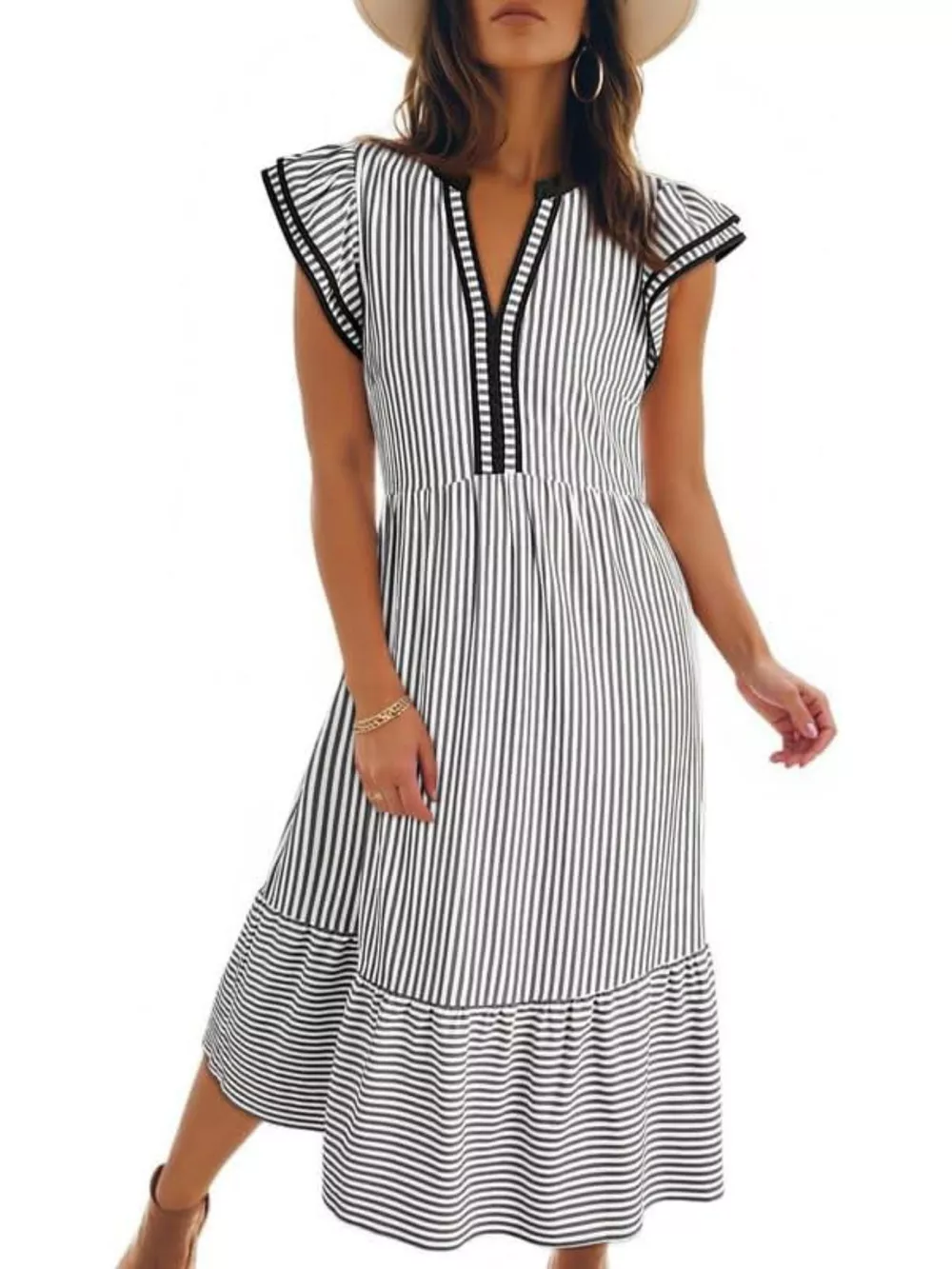 Striped Ruffle Sleeve Midi Dress, image 7