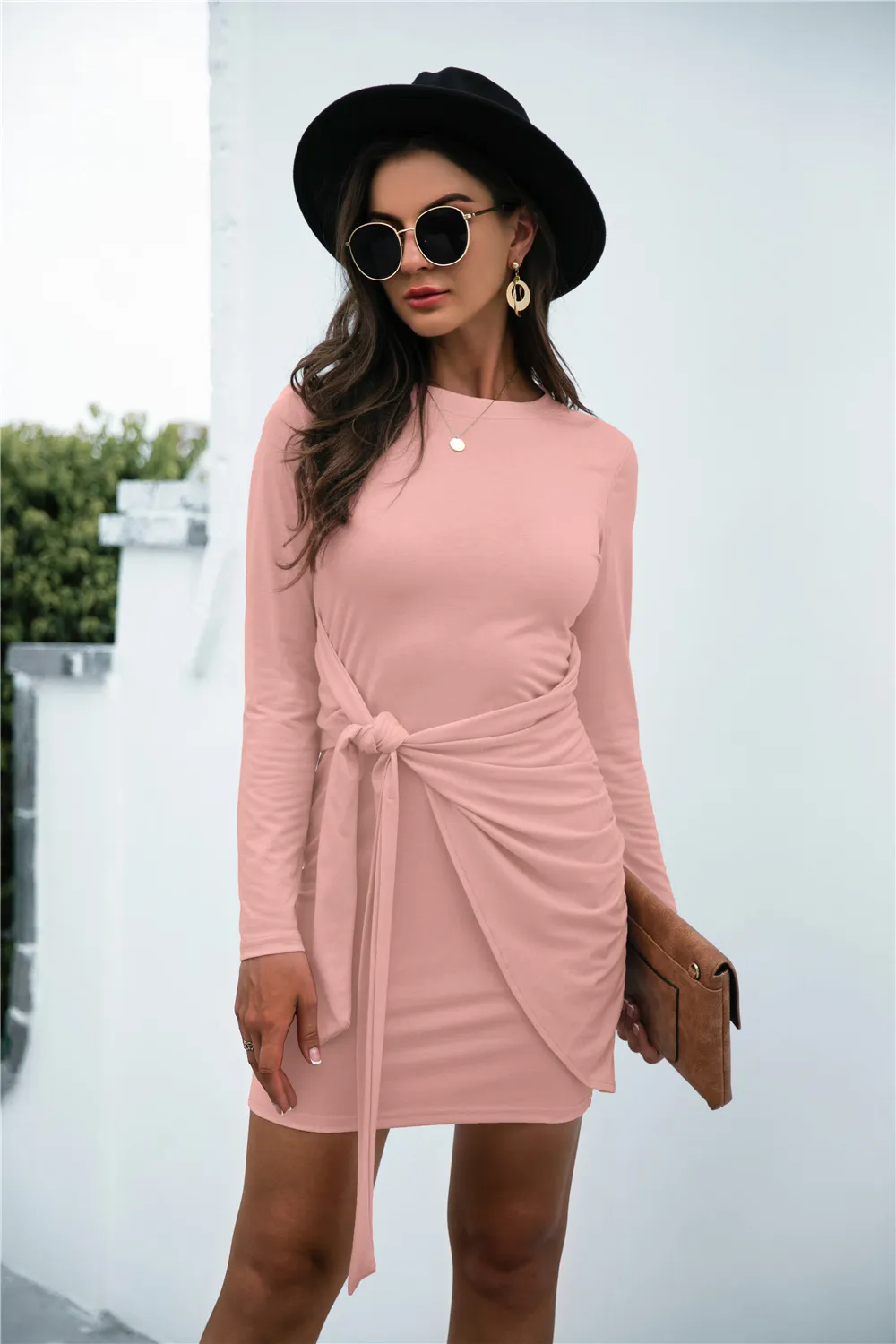 Tied Round Neck Long Sleeve Mini Dress, image 9