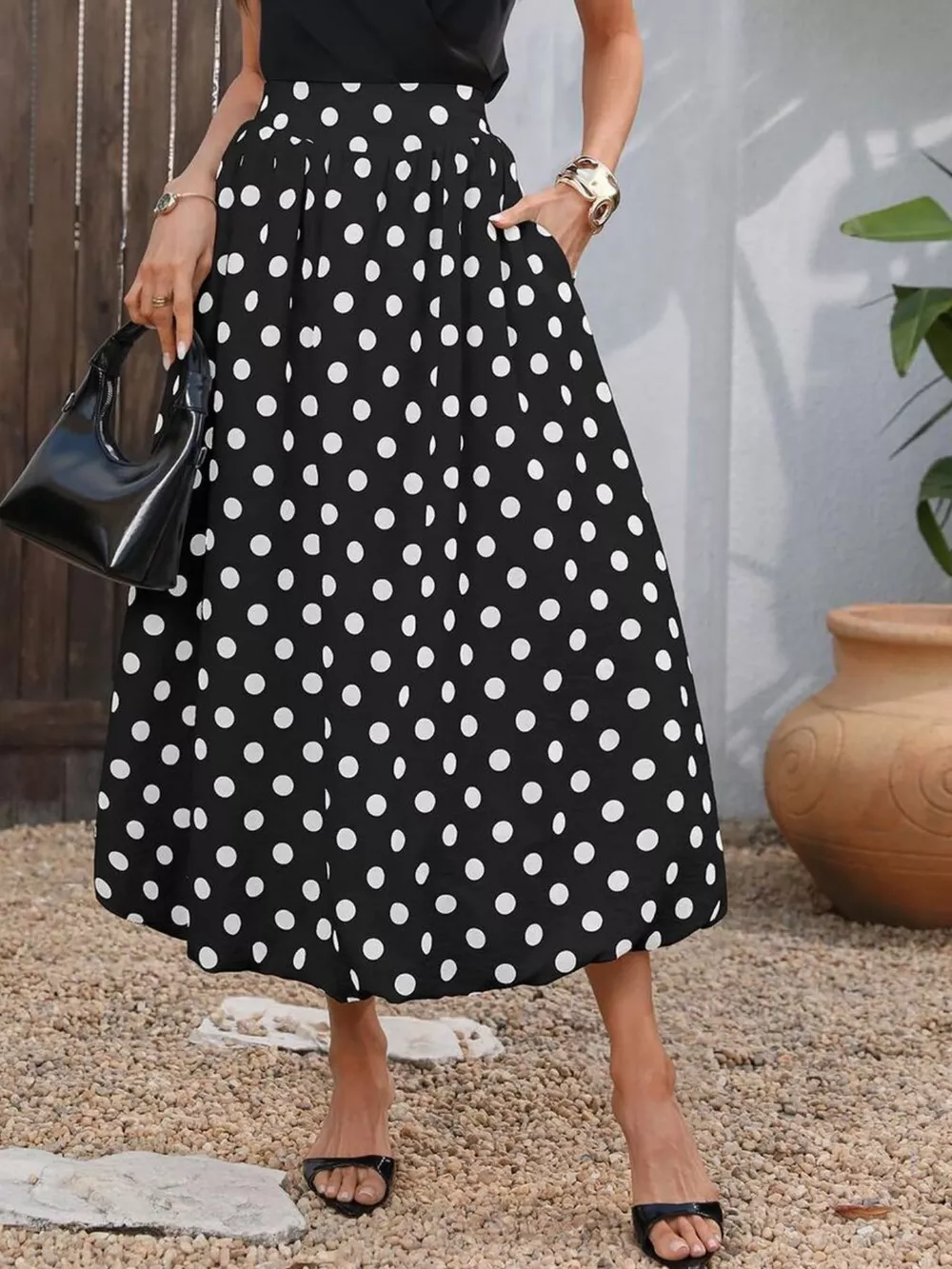 High-Waisted Polka Dot A-Line Midi Skirt, image 4