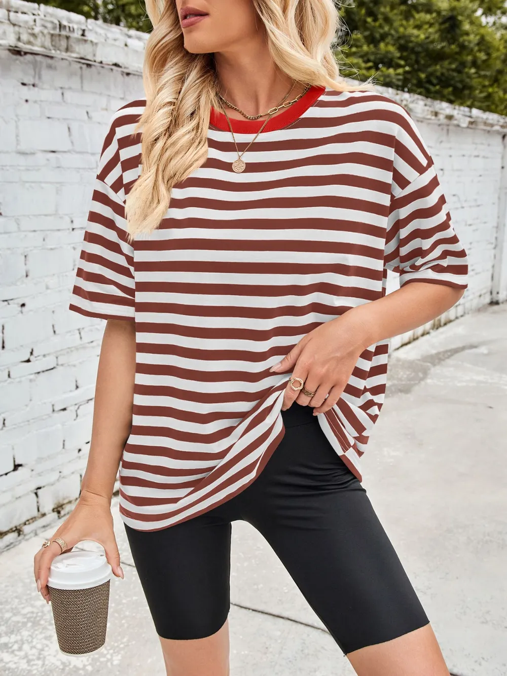 Striped Round Neck Half Sleeve T-Shirt, image 2