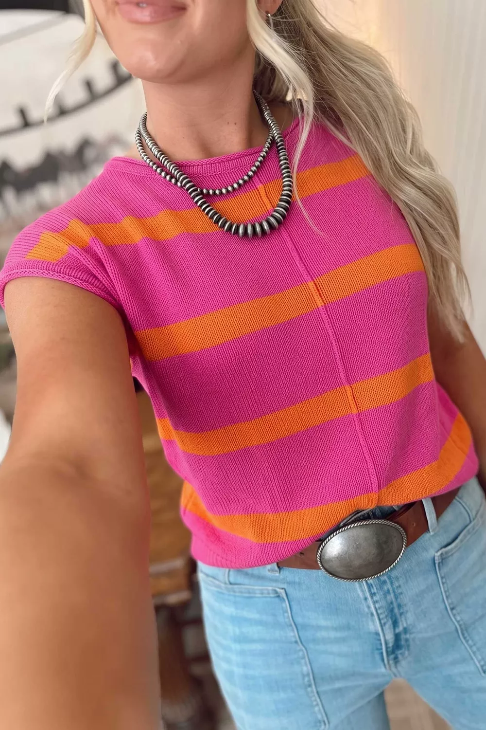 Stripe Knit Western Short Sleeve Sweater, image 3