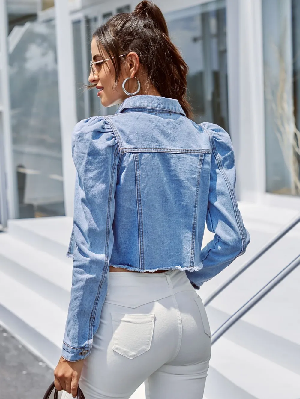 Button Down Raw Hem Cropped Denim Jacket, image 6